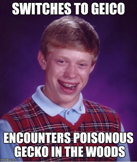 Geico won't save you 15% or more on your hospital bills. | SWITCHES TO GEICO; ENCOUNTERS POISONOUS GECKO IN THE WOODS | image tagged in memes,bad luck brian | made w/ Imgflip meme maker