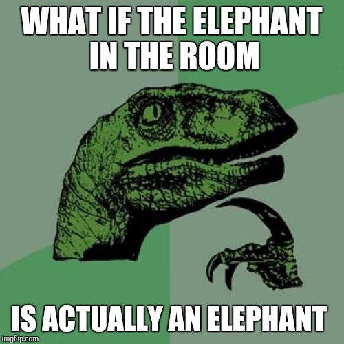 Philosoraptor Meme | WHAT IF THE ELEPHANT IN THE ROOM; IS ACTUALLY AN ELEPHANT | image tagged in memes,philosoraptor | made w/ Imgflip meme maker