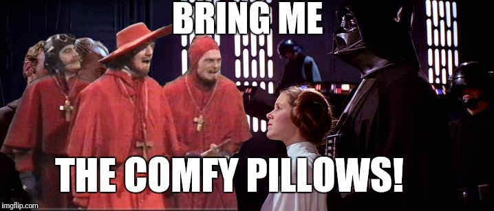 Leia didn't expect the Spanish Inquisition | BRING ME; THE COMFY PILLOWS! | image tagged in star wars,monty python,nobody expects the spanish inquisition monty python | made w/ Imgflip meme maker