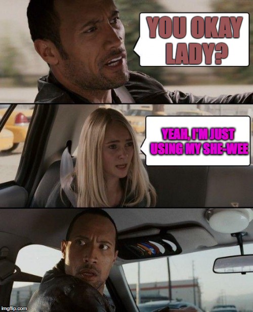 when you gotta go, you gotta go | YOU OKAY LADY? YEAH, I'M JUST USING MY SHE-WEE | image tagged in memes,the rock driving | made w/ Imgflip meme maker