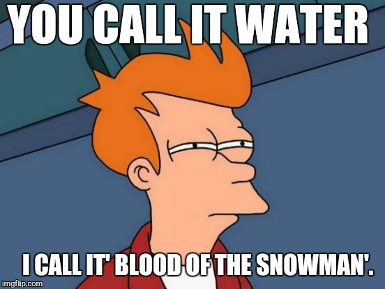 I need a 'game of thrones ' fix | YOU CALL IT WATER; I CALL IT' BLOOD OF THE SNOWMAN'. | image tagged in memes,futurama fry,game of thrones,funny,winter is coming,white walkers | made w/ Imgflip meme maker