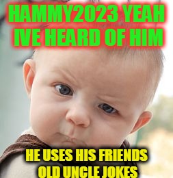 Skeptical Baby Meme | HAMMY2023 YEAH IVE HEARD OF HIM; HE USES HIS FRIENDS OLD UNCLE JOKES | image tagged in memes,skeptical baby | made w/ Imgflip meme maker