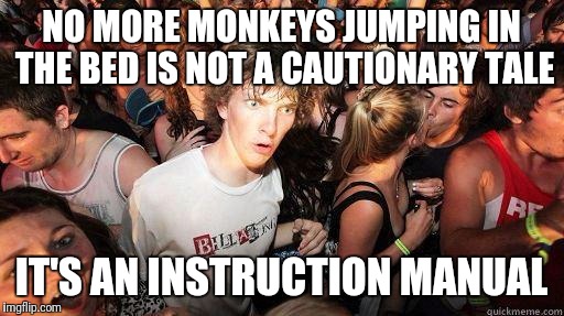 Sudden Realization | NO MORE MONKEYS JUMPING IN THE BED IS NOT A CAUTIONARY TALE; IT'S AN INSTRUCTION MANUAL | image tagged in sudden realization | made w/ Imgflip meme maker