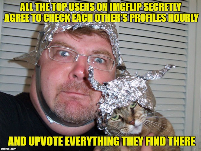 imgflip's secret shadow cabal | ALL THE TOP USERS ON IMGFLIP SECRETLY AGREE TO CHECK EACH OTHER'S PROFILES HOURLY; AND UPVOTE EVERYTHING THEY FIND THERE | image tagged in conspiracy,tin foil hat | made w/ Imgflip meme maker