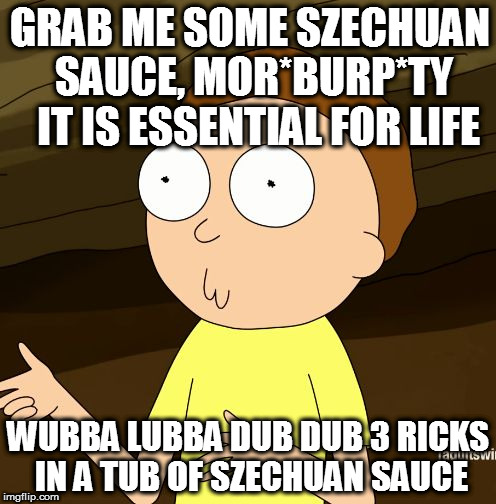 Do you even Rick and Morty | GRAB ME SOME SZECHUAN SAUCE, MOR*BURP*TY  IT IS ESSENTIAL FOR LIFE; WUBBA LUBBA DUB DUB 3 RICKS IN A TUB OF SZECHUAN SAUCE | image tagged in do you even rick and morty | made w/ Imgflip meme maker