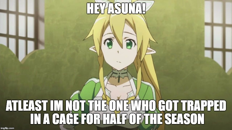 HEY ASUNA! ATLEAST IM NOT THE ONE WHO GOT TRAPPED IN A CAGE FOR HALF OF THE SEASON | image tagged in leafa sugu | made w/ Imgflip meme maker