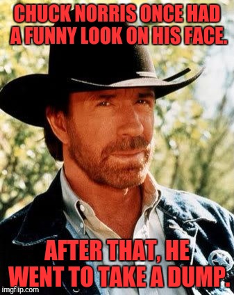 Awesomeness of Chuck Norris | CHUCK NORRIS ONCE HAD A FUNNY LOOK ON HIS FACE. AFTER THAT, HE WENT TO TAKE A DUMP. | image tagged in memes,chuck norris,funny,funny memes,chuck norris says | made w/ Imgflip meme maker
