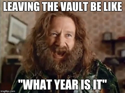 Fallout meme | LEAVING THE VAULT BE LIKE; "WHAT YEAR IS IT" | image tagged in memes,what year is it | made w/ Imgflip meme maker