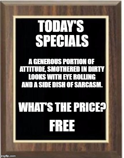 Blank plaque | TODAY'S SPECIALS; A GENEROUS PORTION OF ATTITUDE, SMOTHERED IN DIRTY LOOKS WITH EYE ROLLING AND A SIDE DISH OF SARCASM. WHAT'S THE PRICE? FREE | image tagged in blank plaque | made w/ Imgflip meme maker
