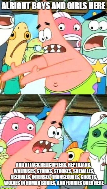 Put It Somewhere Else Patrick Meme | ALRIGHT BOYS AND GIRLS HERE; AND ATTACK HELICOPTERS, REPTILIANS, WALRUSES, STORKS, STROKES, SHEMALES, ASEXUALS, INTERSEX, TRANSEXUALS, GHOSTS, WOLVES IN HUMAN BODIES, AND FURRIES OVER HERE | image tagged in memes,put it somewhere else patrick | made w/ Imgflip meme maker