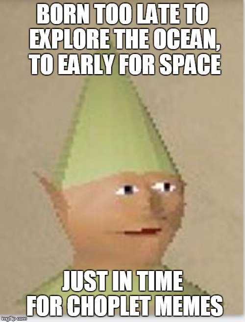 Gnome Child | BORN TOO LATE TO EXPLORE THE OCEAN, TO EARLY FOR SPACE; JUST IN TIME FOR CHOPLET MEMES | image tagged in gnome child | made w/ Imgflip meme maker