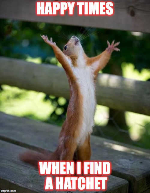 Hatchet Squirrel | HAPPY TIMES; WHEN I FIND A HATCHET | image tagged in happy squirrel | made w/ Imgflip meme maker