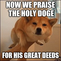 NOW WE PRAISE THE HOLY DOGE; FOR HIS GREAT DEEDS | image tagged in i hate bathtime | made w/ Imgflip meme maker