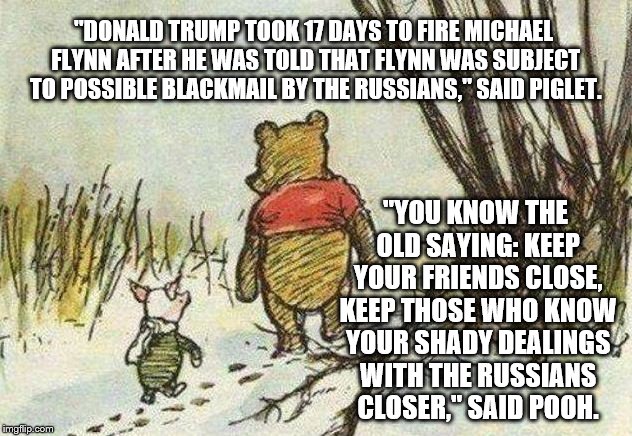 Pooh Piglet | "DONALD TRUMP TOOK 17 DAYS TO FIRE MICHAEL FLYNN AFTER HE WAS TOLD THAT FLYNN WAS SUBJECT TO POSSIBLE BLACKMAIL BY THE RUSSIANS," SAID PIGLET. "YOU KNOW THE OLD SAYING: KEEP YOUR FRIENDS CLOSE, KEEP THOSE WHO KNOW YOUR SHADY DEALINGS WITH THE RUSSIANS CLOSER," SAID POOH. | image tagged in pooh piglet | made w/ Imgflip meme maker