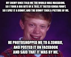 The worst torture... | MY ENEMY ONCE TOLD ME THE WORLD WAS MACARONI, SO I TOOK A BIG BITE OF A TREE. IT TASTED KINDA FUNNY, SO I SPAT IT A BUNNY, AND THE BUNNY TOOK A PICTURE OF ME. HE PHOTOSHOPPED ME TO A ZOMBIE, AND POSTED IT ON FACEBOOK AND SAID THAT IT WAS BY ME. | image tagged in bad luck brian | made w/ Imgflip meme maker