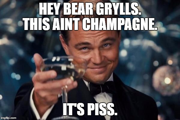 Leonardo Dicaprio Cheers Meme | HEY BEAR GRYLLS. THIS AINT CHAMPAGNE. IT'S PISS. | image tagged in memes,leonardo dicaprio cheers | made w/ Imgflip meme maker