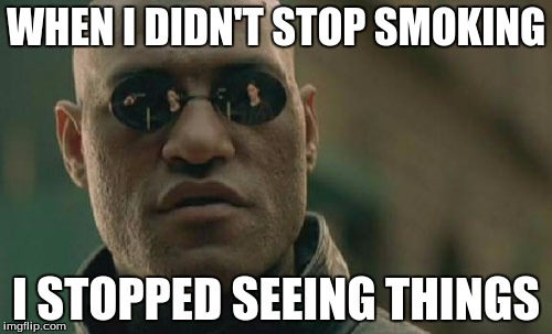 Matrix Morpheus | WHEN I DIDN'T STOP SMOKING; I STOPPED SEEING THINGS | image tagged in memes,matrix morpheus | made w/ Imgflip meme maker