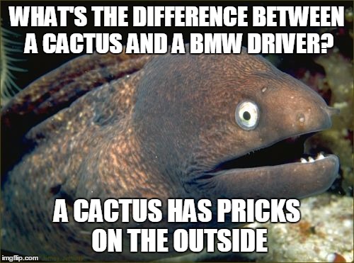 Bad Joke Eel Meme | WHAT'S THE DIFFERENCE BETWEEN A CACTUS AND A BMW DRIVER? A CACTUS HAS PRICKS ON THE OUTSIDE | image tagged in memes,bad joke eel,trhtimmy | made w/ Imgflip meme maker
