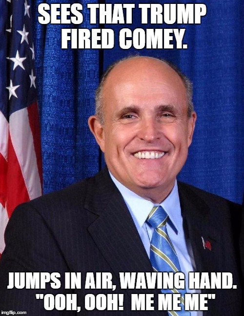 Pick Me! | SEES THAT TRUMP FIRED COMEY. JUMPS IN AIR, WAVING HAND.  "OOH, OOH!  ME ME ME" | image tagged in rudy giuliani,donald trump,clown,fbi,sycophant | made w/ Imgflip meme maker
