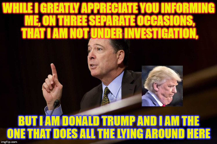 Say what at the Senate,Jim ? | WHILE I GREATLY APPRECIATE YOU INFORMING ME, ON THREE SEPARATE OCCASIONS, THAT I AM NOT UNDER INVESTIGATION, BUT I AM DONALD TRUMP AND I AM THE ONE THAT DOES ALL THE LYING AROUND HERE | image tagged in fbi director james comey,donald trump | made w/ Imgflip meme maker