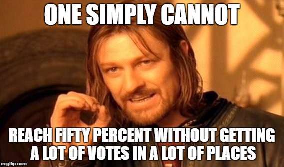 One Does Not Simply Meme | ONE SIMPLY CANNOT; REACH FIFTY PERCENT WITHOUT GETTING A LOT OF VOTES
IN A LOT OF PLACES | image tagged in memes,one does not simply | made w/ Imgflip meme maker