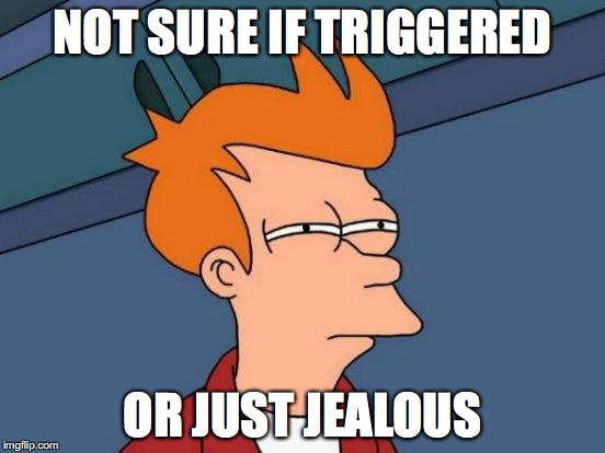 Futurama Fry | NOT SURE IF TRIGGERED; OR JUST JEALOUS | image tagged in memes,futurama fry | made w/ Imgflip meme maker