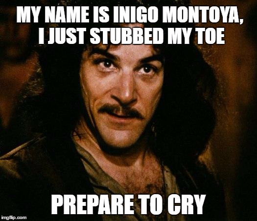 Inigo Montoya Meme | MY NAME IS INIGO MONTOYA, I JUST STUBBED MY TOE; PREPARE TO CRY | image tagged in memes,inigo montoya | made w/ Imgflip meme maker