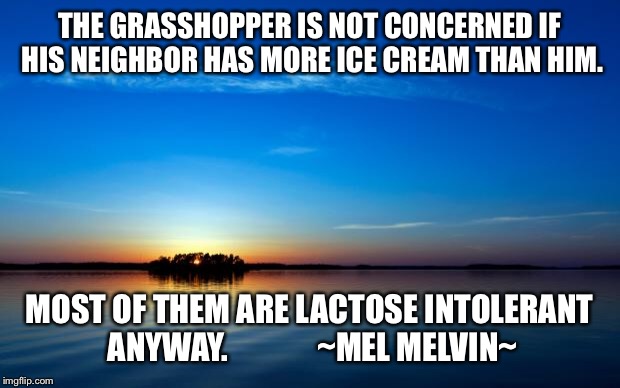 Inspirational Quote | THE GRASSHOPPER IS NOT CONCERNED IF HIS NEIGHBOR HAS MORE ICE CREAM THAN HIM. MOST OF THEM ARE LACTOSE INTOLERANT ANYWAY.
             ~MEL MELVIN~ | image tagged in inspirational quote | made w/ Imgflip meme maker