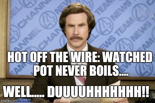 Cannabis, anyone?.... | HOT OFF THE WIRE:
WATCHED POT NEVER BOILS.... WELL..... DUUUUHHHHHHH!! | image tagged in memes,ron burgundy | made w/ Imgflip meme maker