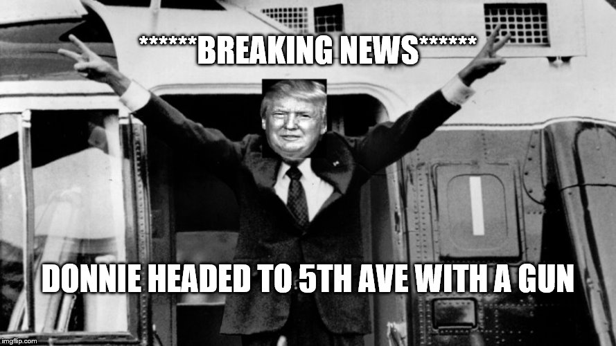 ******BREAKING NEWS******; DONNIE HEADED TO 5TH AVE WITH A GUN | image tagged in trump nixon | made w/ Imgflip meme maker