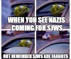 Kermit rolls up window | WHEN YOU SEE NAZIS COMING FOR SJWS; BUT REMEMBER SJWS ARE FAGGOTS | image tagged in kermit rolls up window | made w/ Imgflip meme maker