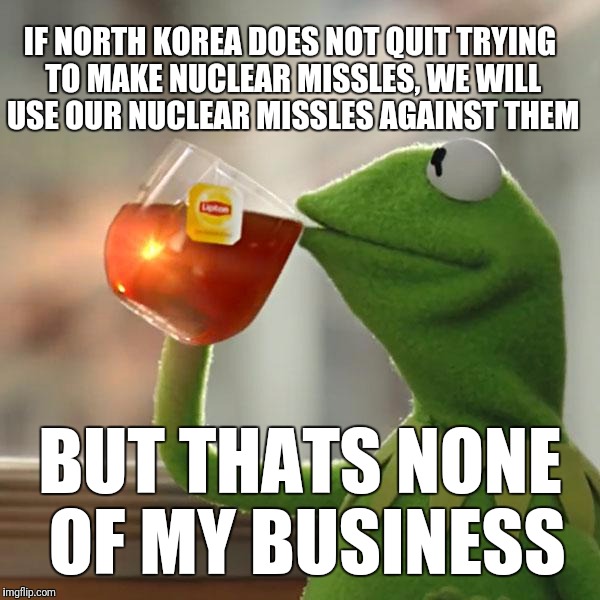 "Terrorists" | IF NORTH KOREA DOES NOT QUIT TRYING TO MAKE NUCLEAR MISSLES, WE WILL USE OUR NUCLEAR MISSLES AGAINST THEM; BUT THATS NONE OF MY BUSINESS | image tagged in memes,but thats none of my business,kermit the frog | made w/ Imgflip meme maker