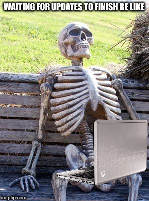 Waiting Skeleton | WAITING FOR UPDATES TO FINISH BE LIKE | image tagged in memes,waiting skeleton | made w/ Imgflip meme maker