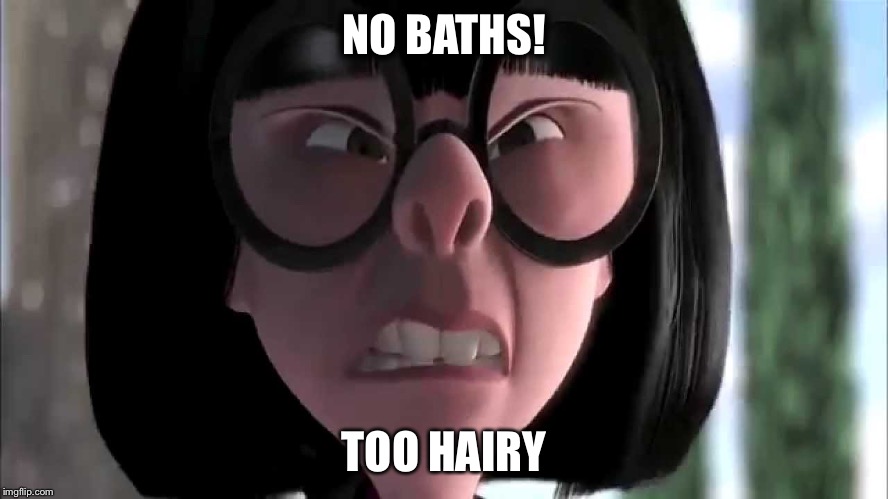 Edna Mode No Capes | NO BATHS! TOO HAIRY | image tagged in edna mode no capes | made w/ Imgflip meme maker