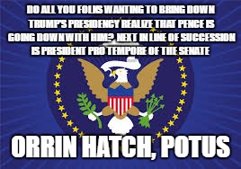 line of succession | DO ALL YOU FOLKS WANTING TO BRING DOWN TRUMP'S PRESIDENCY REALIZE THAT PENCE IS GOING DOWN WITH HIM?  NEXT IN LINE OF SUCCESSION IS PRESIDENT PRO TEMPORE OF THE SENATE; ORRIN HATCH, POTUS | image tagged in trump,impeachment,president hatch | made w/ Imgflip meme maker