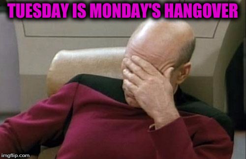 Captain Picard Facepalm Meme | TUESDAY IS MONDAY'S HANGOVER | image tagged in memes,captain picard facepalm | made w/ Imgflip meme maker