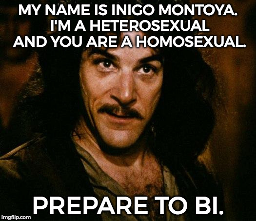 Inigo Montoya | MY NAME IS INIGO MONTOYA. I'M A HETEROSEXUAL AND YOU ARE A HOMOSEXUAL. PREPARE TO BI. | image tagged in memes,inigo montoya | made w/ Imgflip meme maker