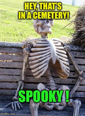 Waiting Skeleton Meme | HEY, THAT'S IN A CEMETERY! SPOOKY ! | image tagged in memes,waiting skeleton | made w/ Imgflip meme maker