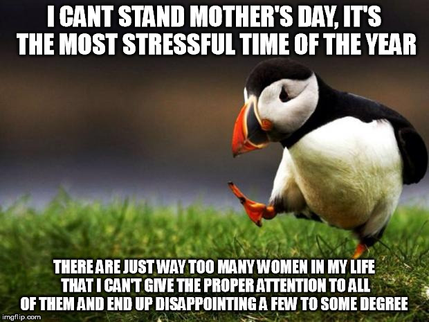 Unpopular Opinion Puffin | I CANT STAND MOTHER'S DAY, IT'S THE MOST STRESSFUL TIME OF THE YEAR; THERE ARE JUST WAY TOO MANY WOMEN IN MY LIFE THAT I CAN'T GIVE THE PROPER ATTENTION TO ALL OF THEM AND END UP DISAPPOINTING A FEW TO SOME DEGREE | image tagged in memes,unpopular opinion puffin | made w/ Imgflip meme maker
