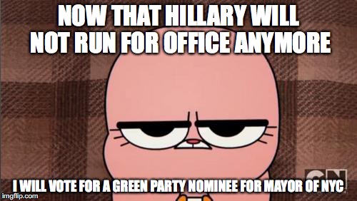 Voting For a Green Party Nominee For Mayor of NYC | NOW THAT HILLARY WILL NOT RUN FOR OFFICE ANYMORE; I WILL VOTE FOR A GREEN PARTY NOMINEE FOR MAYOR OF NYC | image tagged in anais' grumpy face,memes,nyc | made w/ Imgflip meme maker