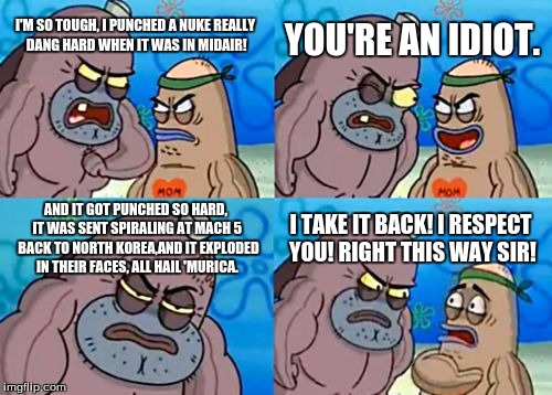 How Tough Are You Meme | YOU'RE AN IDIOT. I'M SO TOUGH, I PUNCHED A NUKE REALLY DANG HARD WHEN IT WAS IN MIDAIR! AND IT GOT PUNCHED SO HARD, IT WAS SENT SPIRALING AT MACH 5  BACK TO NORTH KOREA,AND IT EXPLODED IN THEIR FACES, ALL HAIL 'MURICA. I TAKE IT BACK! I RESPECT YOU! RIGHT THIS WAY SIR! | image tagged in memes,how tough are you | made w/ Imgflip meme maker