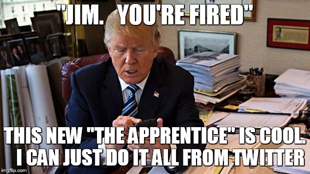 IdiotTweeter | "JIM.   YOU'RE FIRED"; THIS NEW "THE APPRENTICE" IS COOL.   I CAN JUST DO IT ALL FROM TWITTER | image tagged in idiottweeter | made w/ Imgflip meme maker