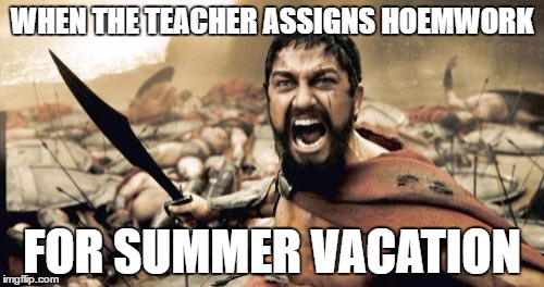 Sparta Leonidas | WHEN THE TEACHER ASSIGNS HOEMWORK; FOR SUMMER VACATION | image tagged in memes,sparta leonidas | made w/ Imgflip meme maker