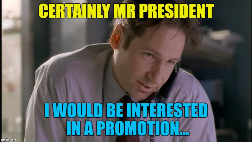 Trump seeks out the best F.B.I. agent he knows... :) | CERTAINLY MR PRESIDENT; I WOULD BE INTERESTED IN A PROMOTION... | image tagged in memes,fbi director james comey,james comey,trump,fbi,mulder | made w/ Imgflip meme maker