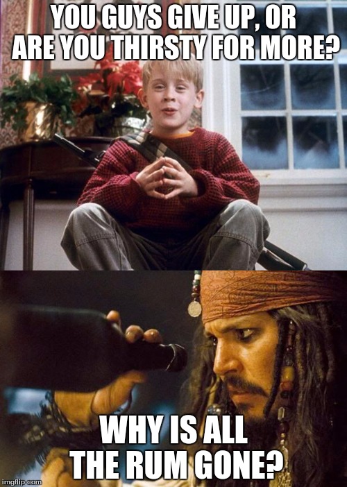 Home Alone | YOU GUYS GIVE UP, OR ARE YOU THIRSTY FOR MORE? WHY IS ALL THE RUM GONE? | image tagged in funny,home alone,pirates of the carribean,meme,quote | made w/ Imgflip meme maker