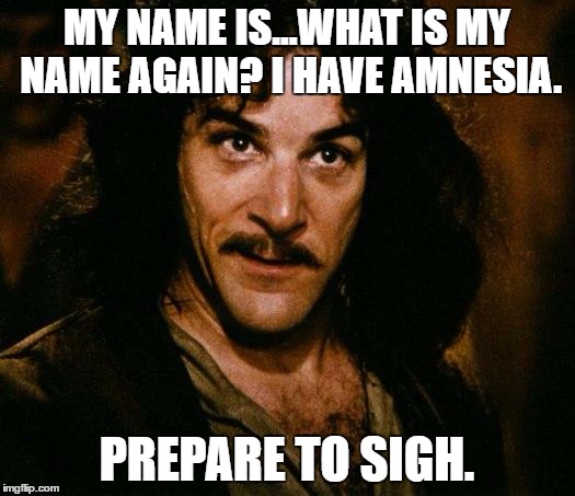 I've been playing too much Dust: An Elysian Tail. Also, I figured it would be funny to do this. | MY NAME IS...WHAT IS MY NAME AGAIN? I HAVE AMNESIA. PREPARE TO SIGH. | image tagged in memes,inigo montoya | made w/ Imgflip meme maker