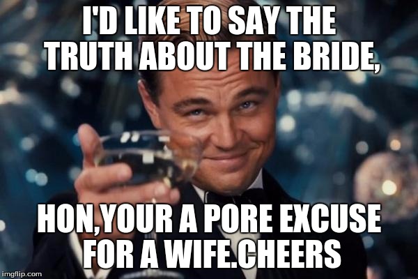 Leonardo Dicaprio Cheers Meme | I'D LIKE TO SAY THE TRUTH ABOUT THE BRIDE, HON,YOUR A PORE EXCUSE FOR A WIFE.CHEERS | image tagged in memes,leonardo dicaprio cheers | made w/ Imgflip meme maker