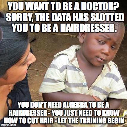 Third World Skeptical Kid | YOU WANT TO BE A DOCTOR?  SORRY, THE DATA HAS SLOTTED YOU TO BE A HAIRDRESSER. YOU DON'T NEED ALGEBRA TO BE A HAIRDRESSER - YOU JUST NEED TO KNOW HOW TO CUT HAIR - LET THE TRAINING BEGIN | image tagged in memes,third world skeptical kid | made w/ Imgflip meme maker