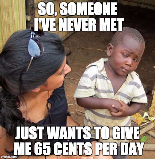 3rd World Sceptical Child | SO, SOMEONE I'VE NEVER MET; JUST WANTS TO GIVE ME 65 CENTS PER DAY | image tagged in 3rd world sceptical child | made w/ Imgflip meme maker