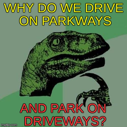 Philosoraptor | WHY DO WE DRIVE ON PARKWAYS; AND PARK ON DRIVEWAYS? | image tagged in memes,philosoraptor | made w/ Imgflip meme maker